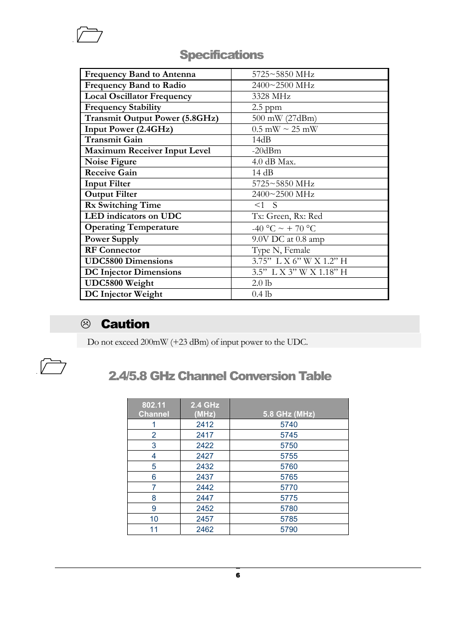 Specifications, Caution, 4/5.8 ghz channel conversion table | Teletronics UDC-5800H User Manual | Page 6 / 7