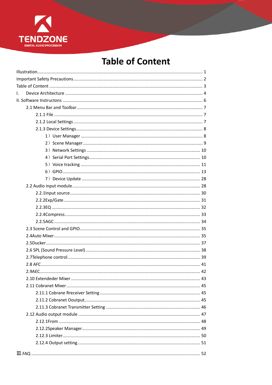 Table of content | Tendzone TYCHO T 1212/CA User Manual | Page 3 / 52