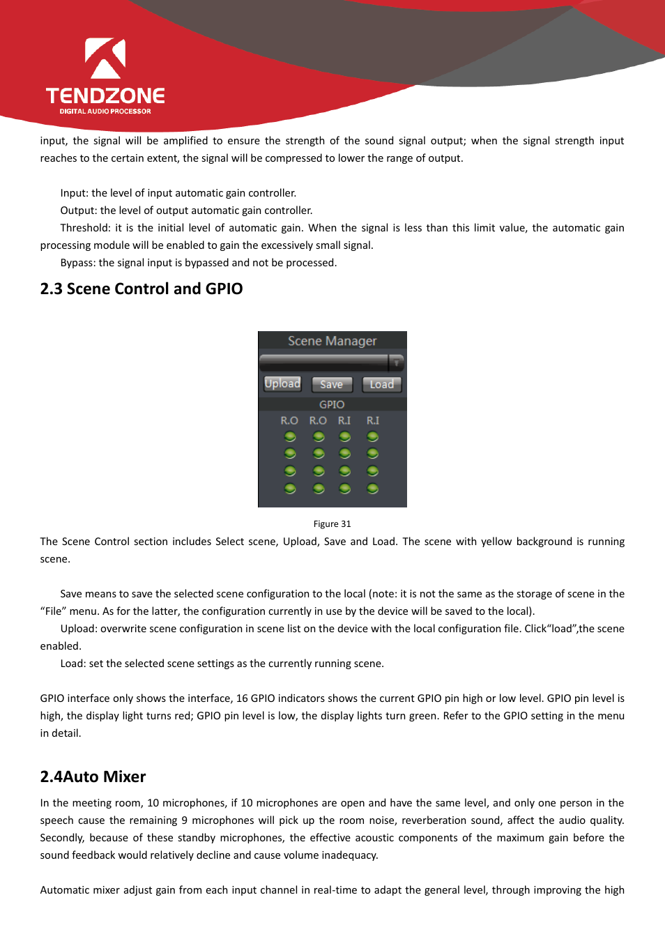 3 scene control and gpio 2.4auto mixer, 3 scene control and gpio, 4auto mixer | Tendzone TYCHO T 1212/CA User Manual | Page 35 / 52