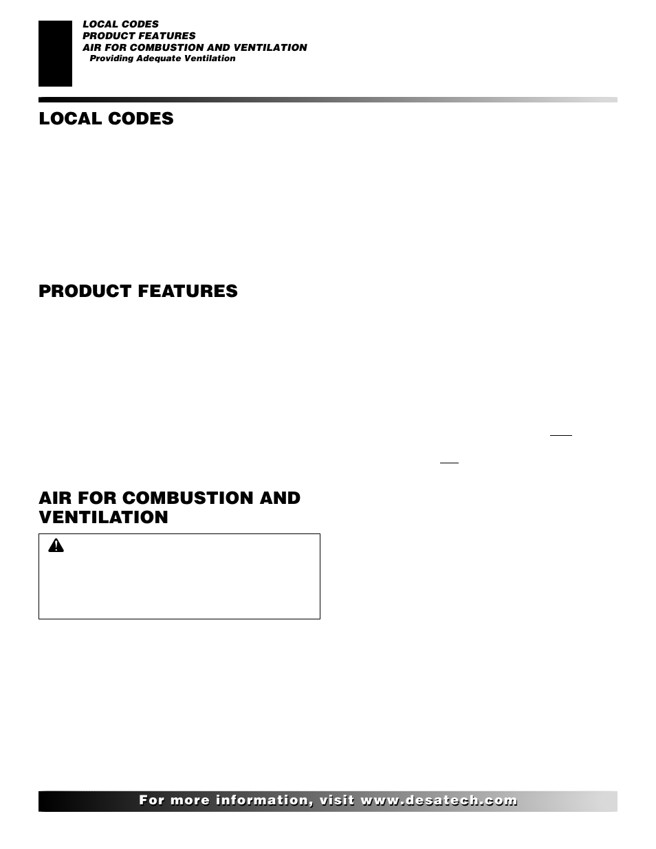 Air for combustion and ventilation, Local codes, Product features | Desa Tech CSNPT User Manual | Page 4 / 26