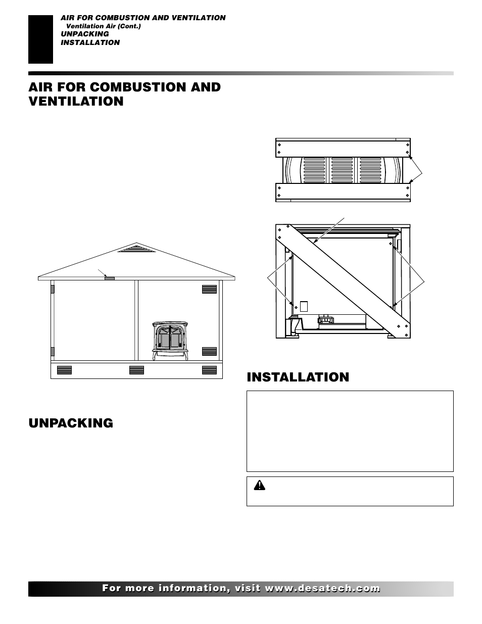 Installation, Air for combustion and ventilation, Unpacking | Continued | Desa Tech CSNPT User Manual | Page 6 / 26