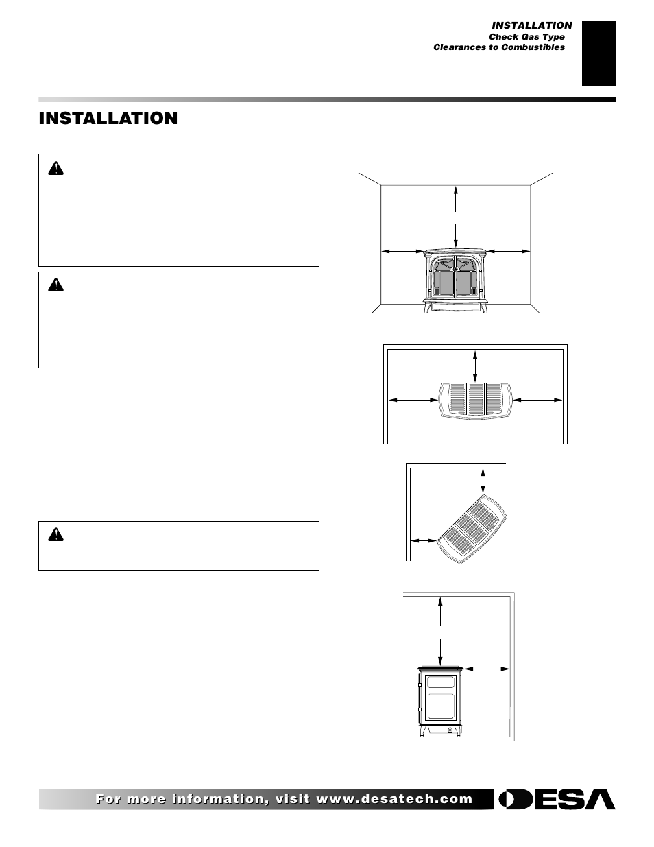 Installation, Continued, Check gas type | Minimum wall and ceiling clearances (see figure 5) | Desa Tech CSNPT User Manual | Page 7 / 26