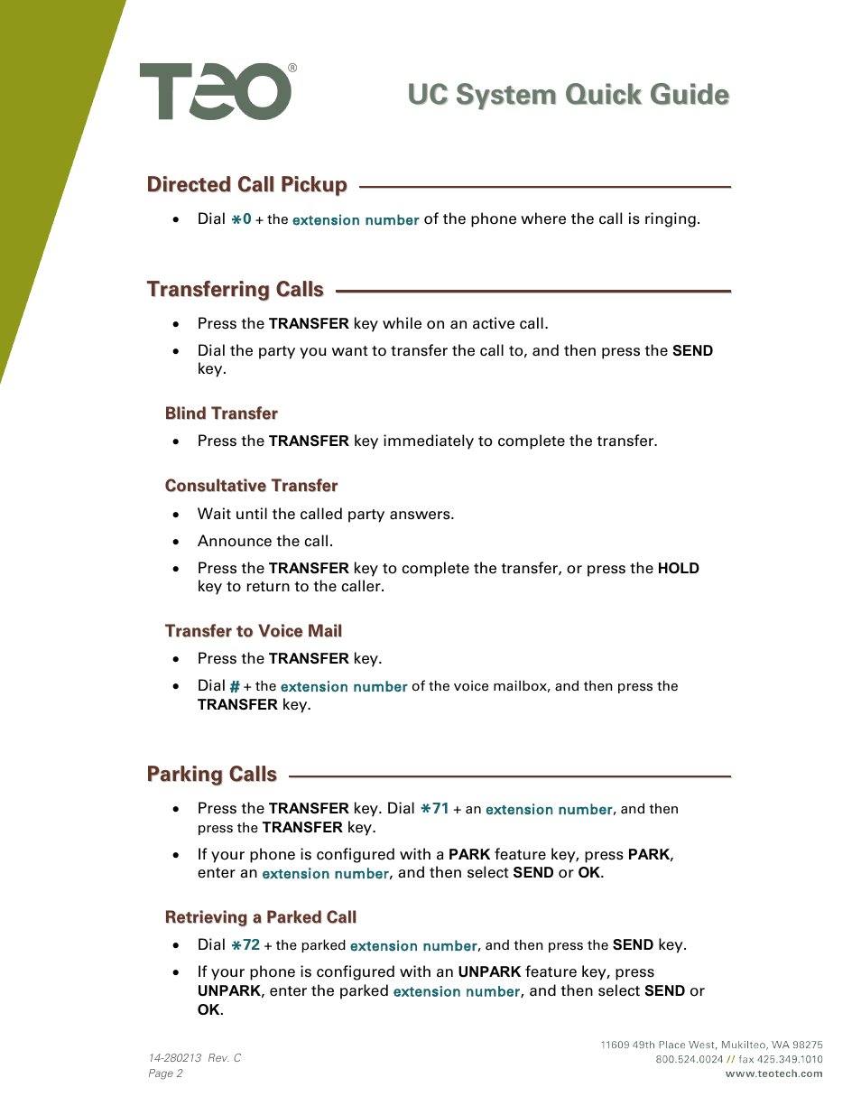 Directed call pickup, Transferring calls, Blind transfer | Consultative transfer, Transfer to voice mail, Parking calls, Retrieving a parked call | Teo UC System User Manual | Page 2 / 3