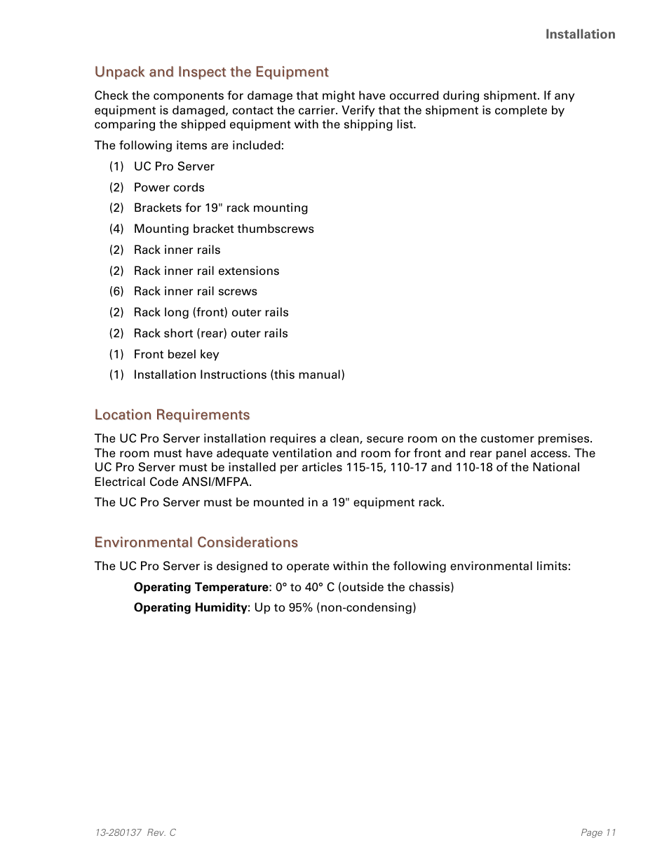 Unpack and inspect the equipment, Location requirements, Environmental considerations | Teo UC Pro Server User Manual | Page 11 / 36