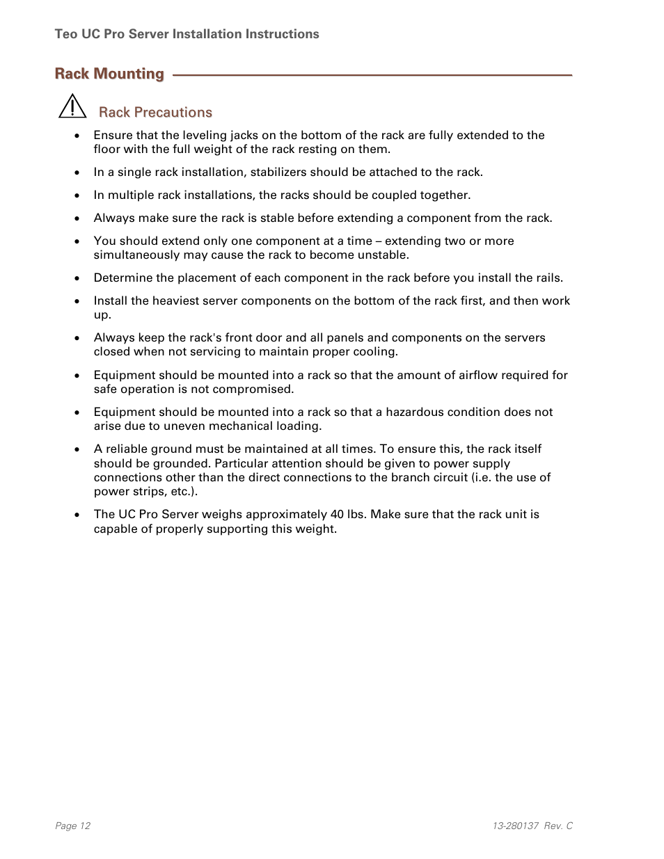 Rack mounting, Rack precautions | Teo UC Pro Server User Manual | Page 12 / 36