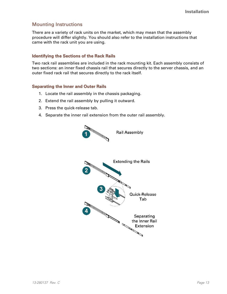 Mounting instructions, Identifying the sections of the rack rails, Separating the inner and outer rails | Teo UC Pro Server User Manual | Page 13 / 36