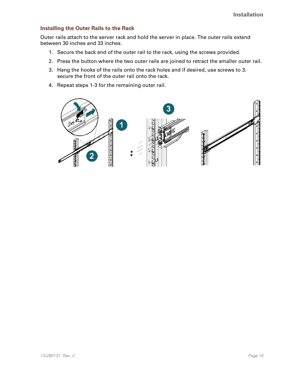 Installing the outer rails to the rack | Teo UC Pro Server User Manual | Page 15 / 36
