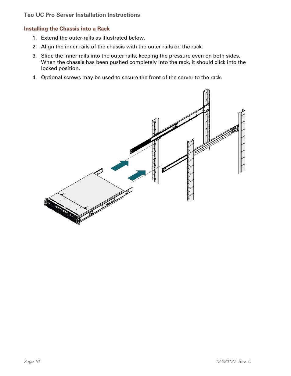 Installing the chassis into a rack | Teo UC Pro Server User Manual | Page 16 / 36