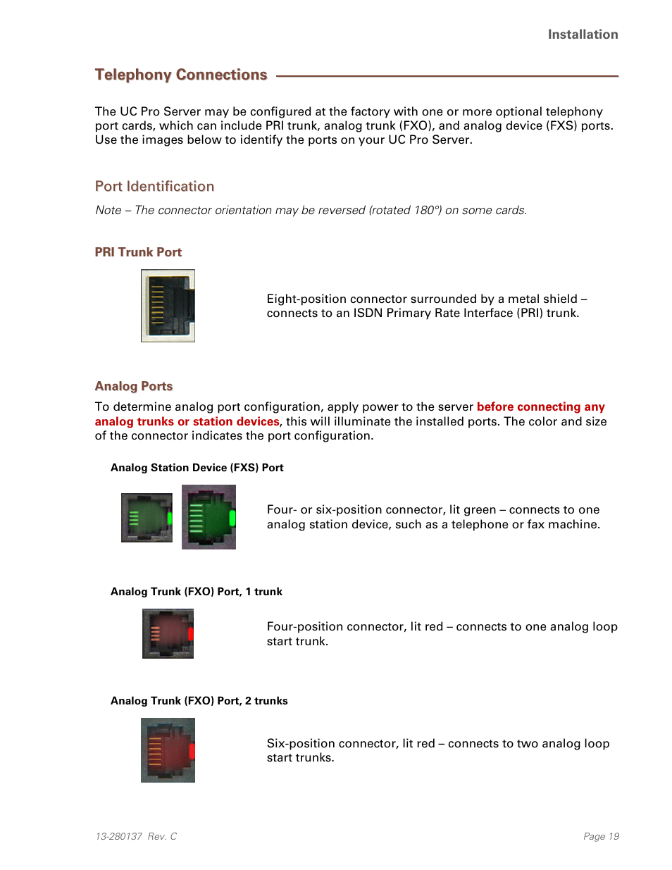 Telephony connections, Port identification, Analog ports | Pri trunk port | Teo UC Pro Server User Manual | Page 19 / 36