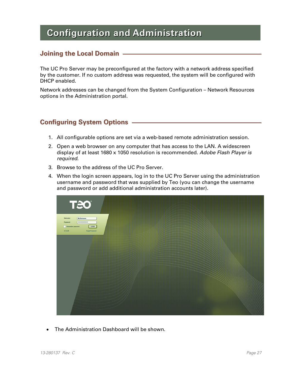 Configuration and administration, Joining the local domain, Configuring system options | Teo UC Pro Server User Manual | Page 27 / 36