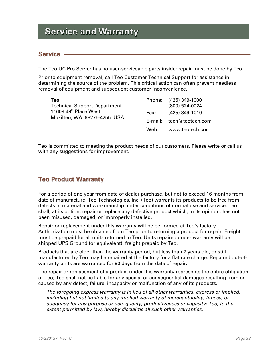 Service and warranty, Service, Teo product warranty | Teo UC Pro Server User Manual | Page 33 / 36