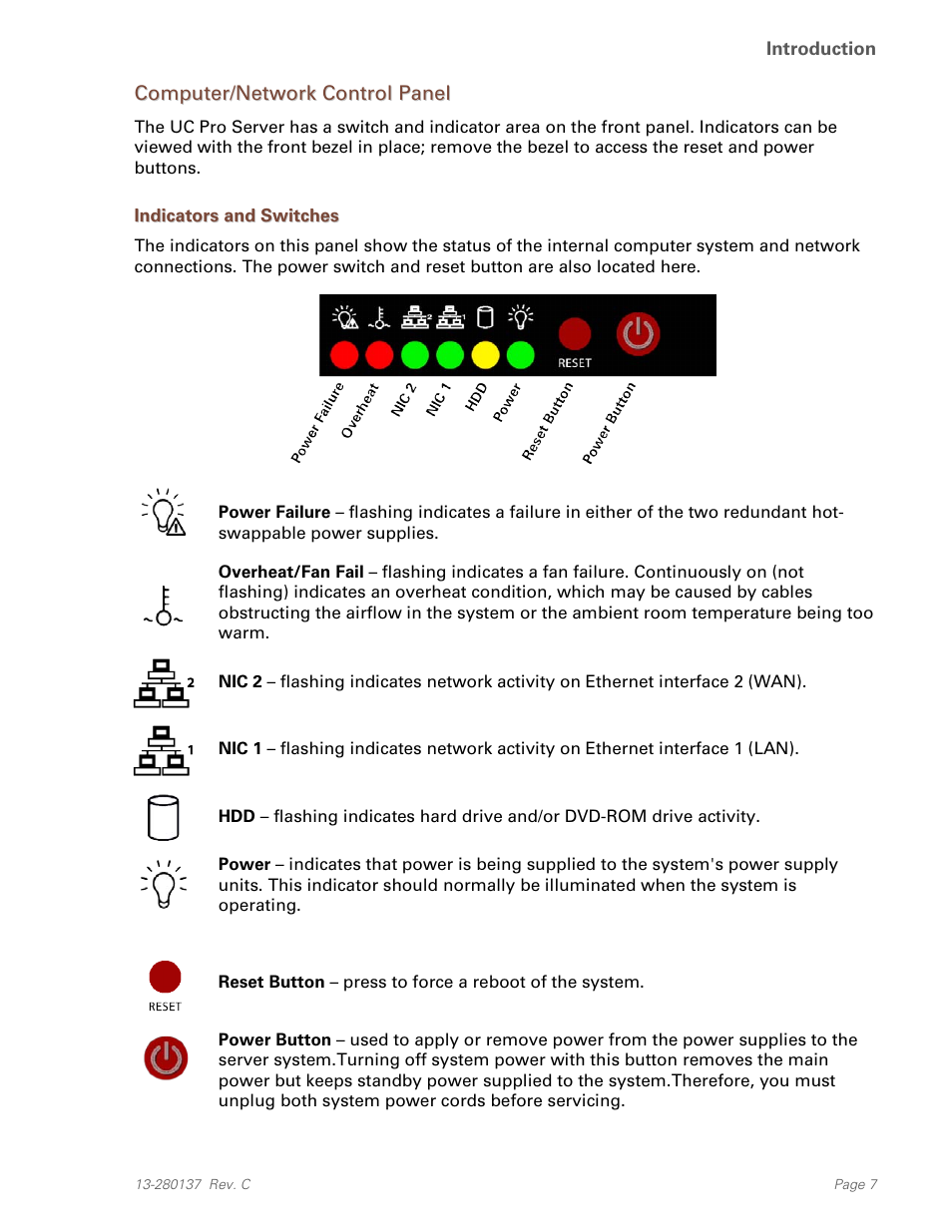 Computer/network control panel, Indicators and switches | Teo UC Pro Server User Manual | Page 7 / 36