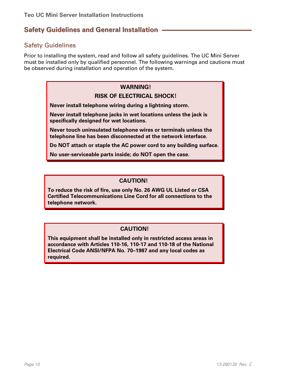 Safety guidelines and general installation, Safety guidelines | Teo UC Mini Server User Manual | Page 10 / 32