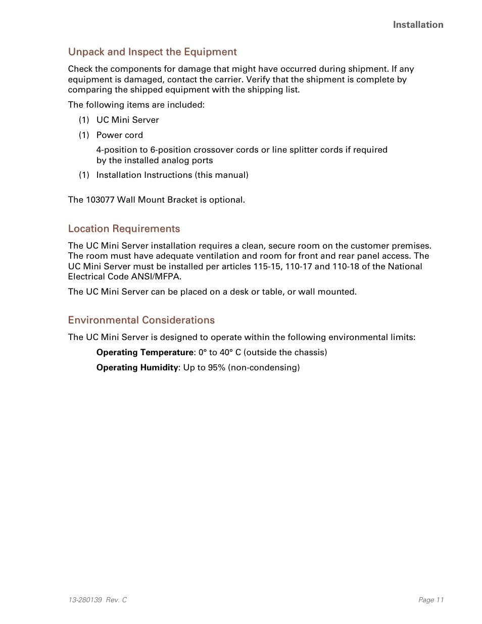 Unpack and inspect the equipment, Location requirements, Environmental considerations | Teo UC Mini Server User Manual | Page 11 / 32