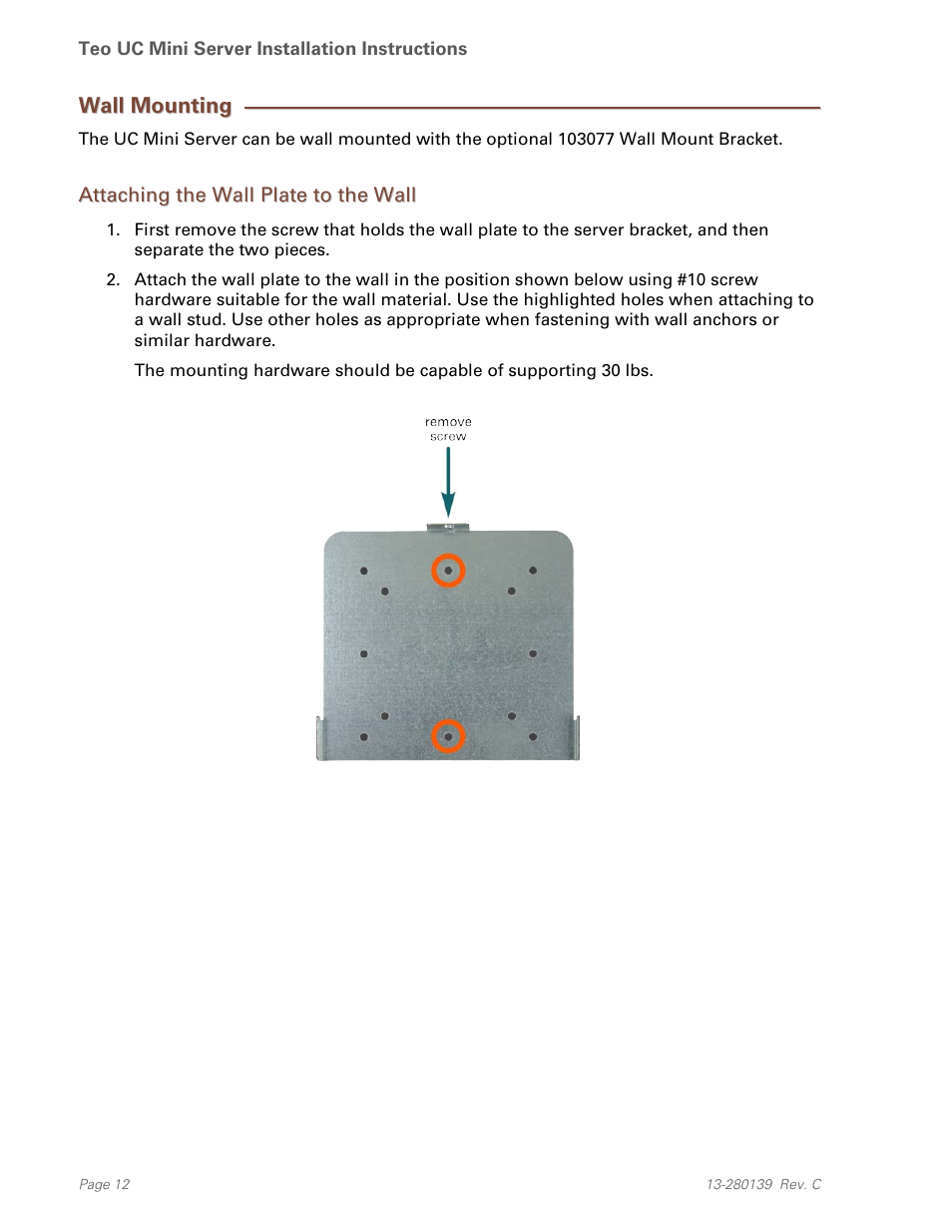 Wall mounting, Attaching the wall plate to the wall | Teo UC Mini Server User Manual | Page 12 / 32