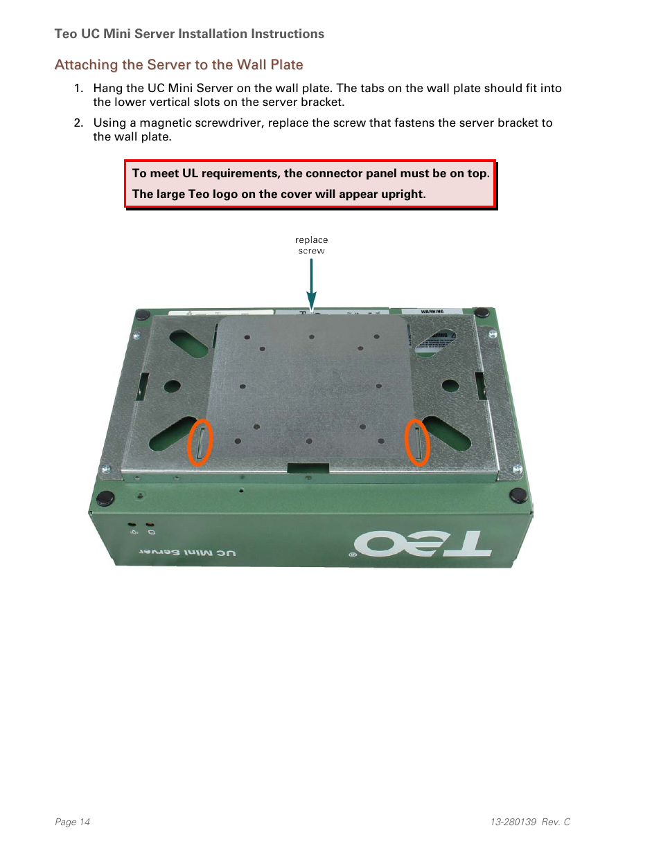 Attaching the server to the wall plate | Teo UC Mini Server User Manual | Page 14 / 32