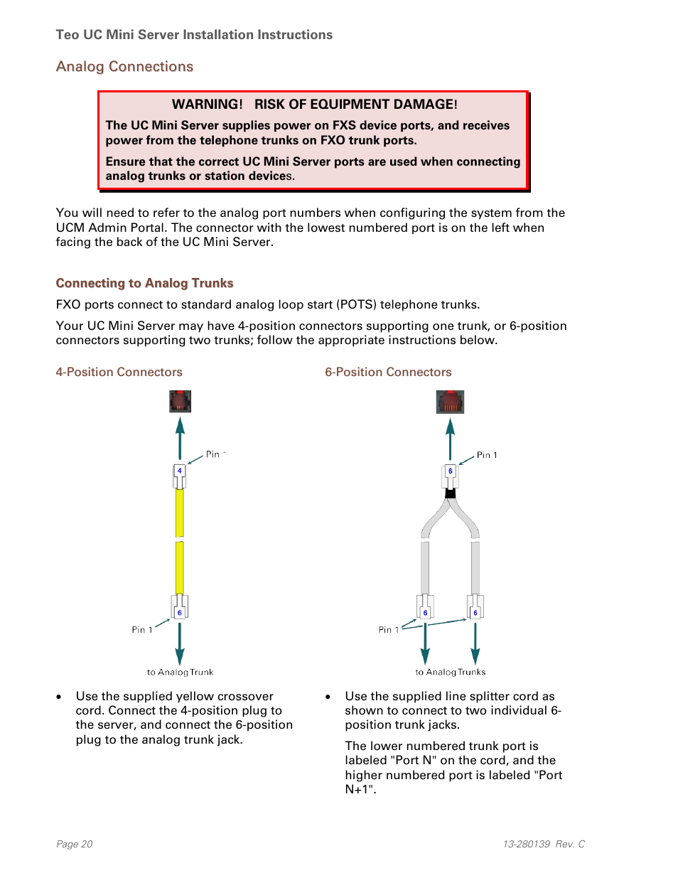 Analog connections, Connecting to analog trunks, Position connectors | Teo UC Mini Server User Manual | Page 20 / 32