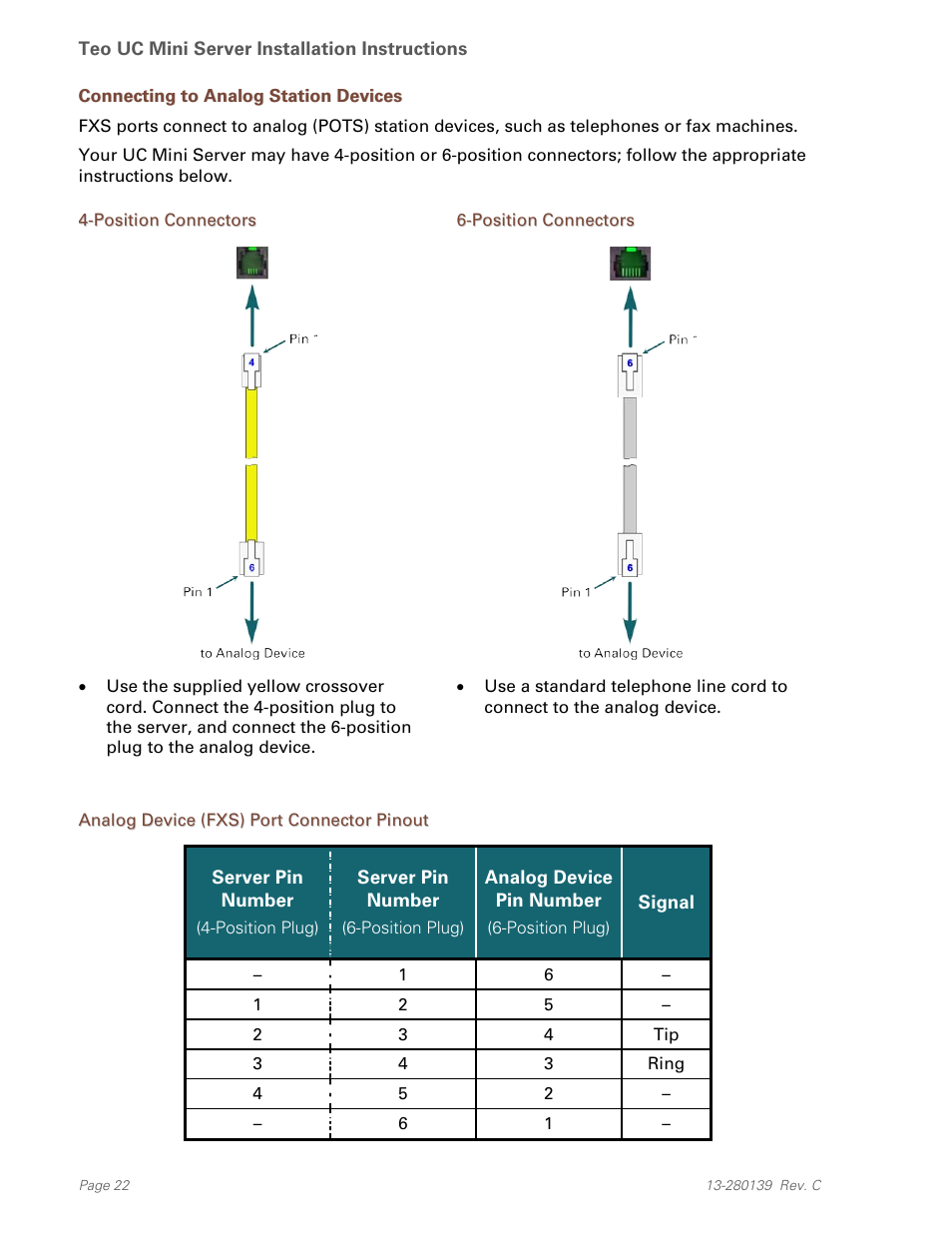 Connecting to analog station devices, Analog device (fxs) port connector pinout, Position connectors | Teo UC Mini Server User Manual | Page 22 / 32