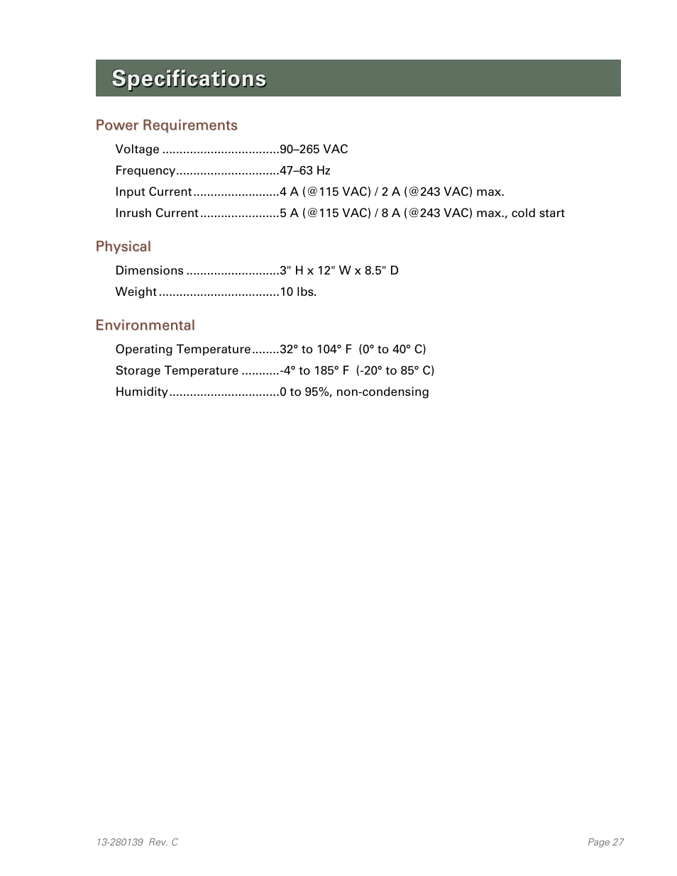 Specifications, Power requirements, Physical | Environmental | Teo UC Mini Server User Manual | Page 27 / 32