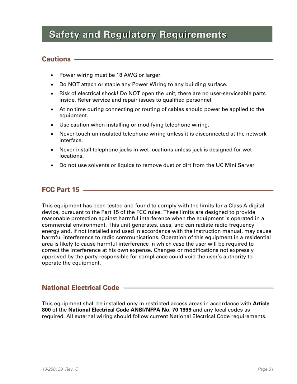 Safety and regulatory requirements, Cautions, Fcc part 15 | National electrical code | Teo UC Mini Server User Manual | Page 31 / 32