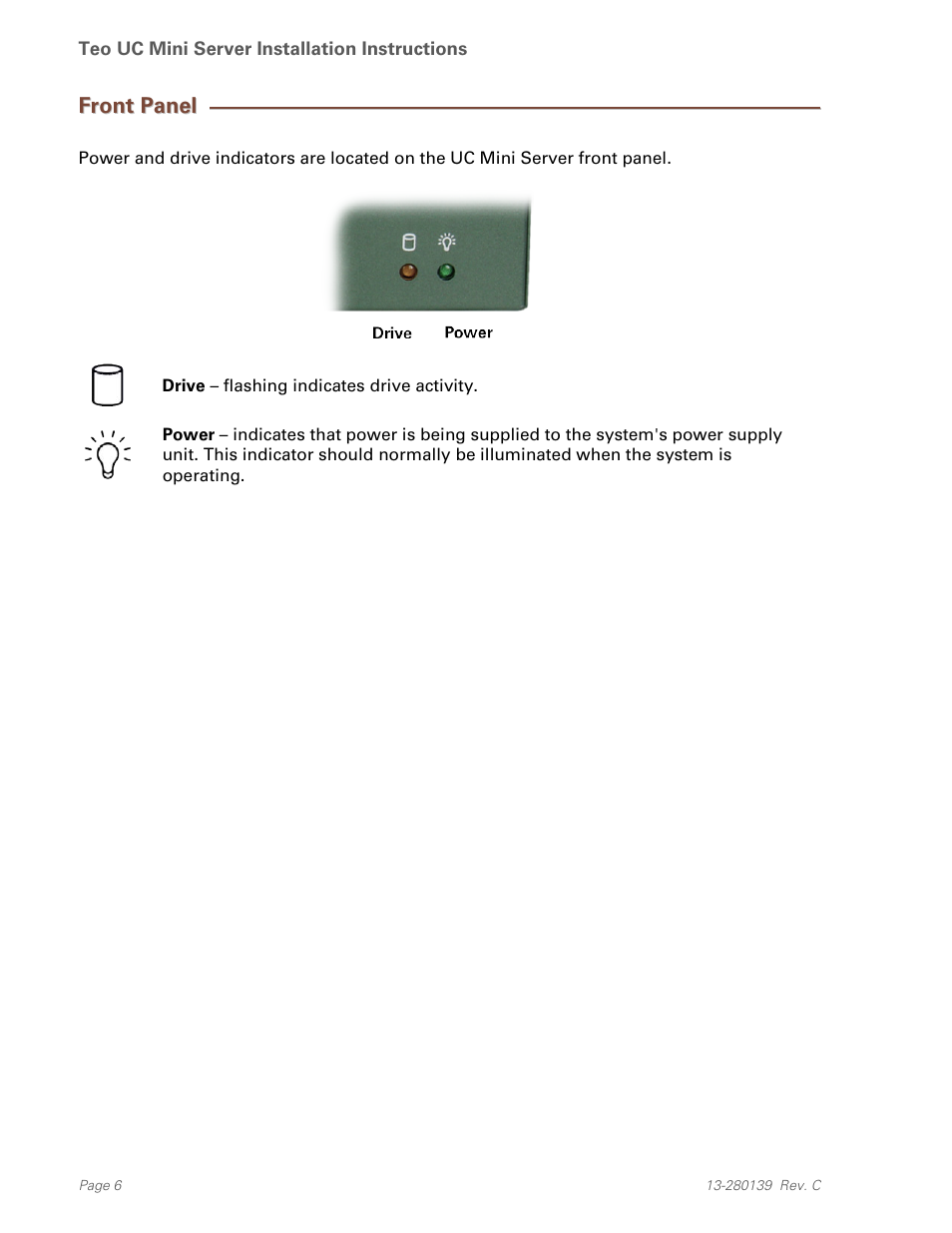 Front panel | Teo UC Mini Server User Manual | Page 6 / 32