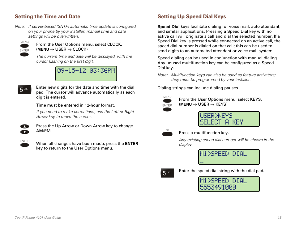 Setting the time and date, Setting up speed dial keys | Teo IP Phone 4101 User Manual | Page 18 / 30