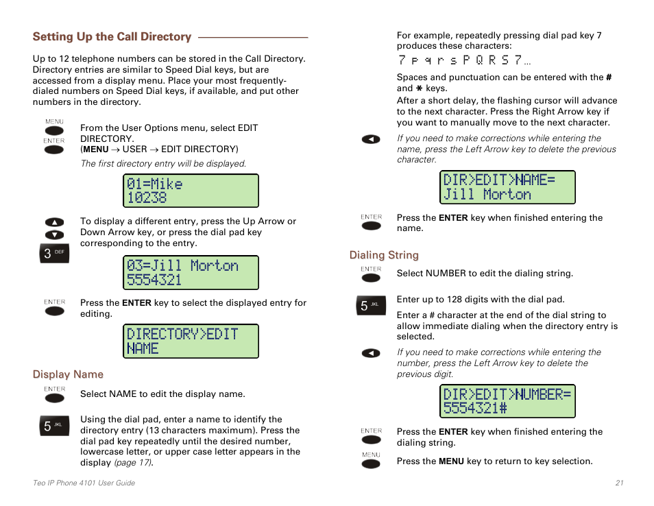 Setting up the call directory, Display name, Dialing string | Teo IP Phone 4101 User Manual | Page 21 / 30