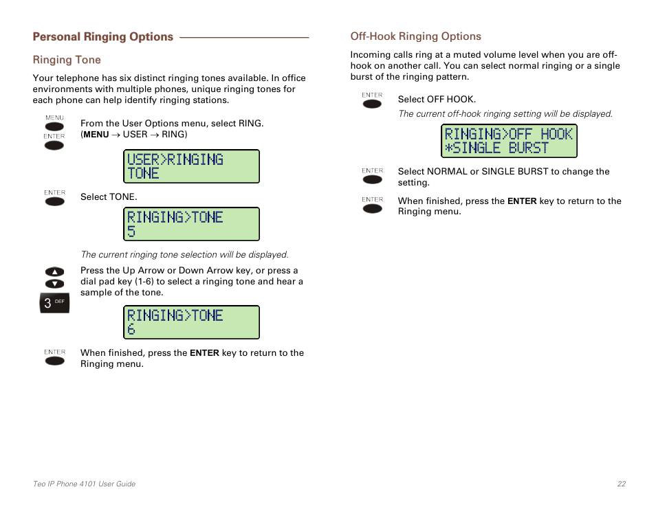 Personal ringing options, Ringing tone, Off-hook ringing options | Teo IP Phone 4101 User Manual | Page 22 / 30