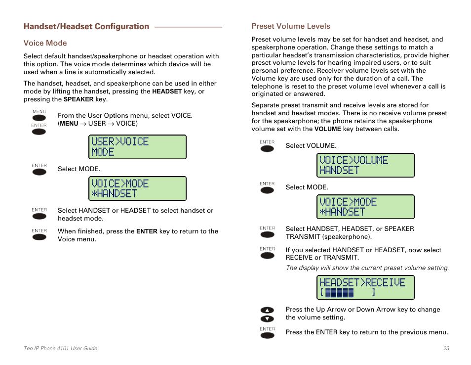 Handset/headset configuration, Voice mode, Preset volume levels | E 23), E 23 | Teo IP Phone 4101 User Manual | Page 23 / 30