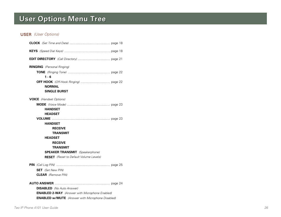 User options menu tree | Teo IP Phone 4101 User Manual | Page 26 / 30