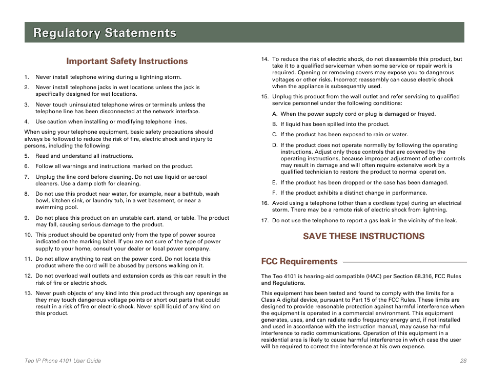 Regulatory statements, Important safety instructions, Save these instructions | Fcc requirements | Teo IP Phone 4101 User Manual | Page 28 / 30