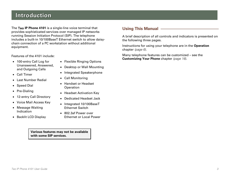 Introduction, Using this manual | Teo IP Phone 4101 User Manual | Page 3 / 30