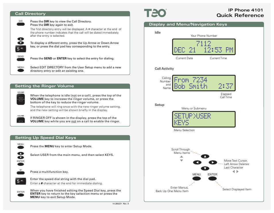 Setup>user keys, Quick reference | Teo IP Phone 4101 Quick Start User Manual | Page 3 / 4