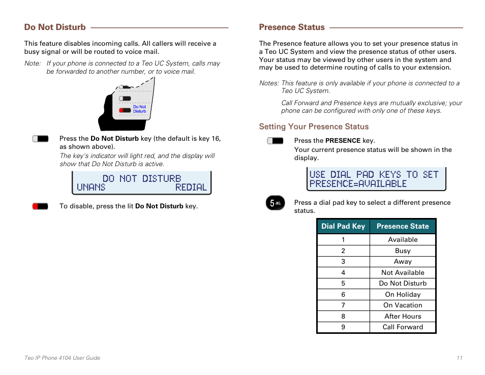 Do not disturb, Presence status, Setting your presence status | Teo IP Phone 4104 User Manual | Page 11 / 32