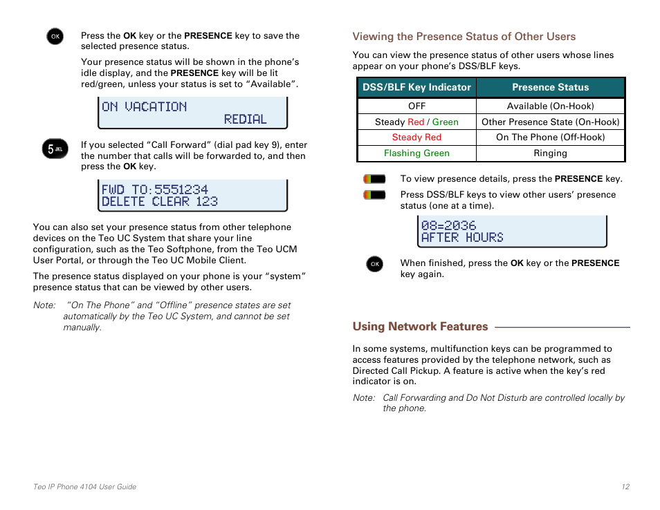 Viewing the presence status of other users, Using network features | Teo IP Phone 4104 User Manual | Page 12 / 32