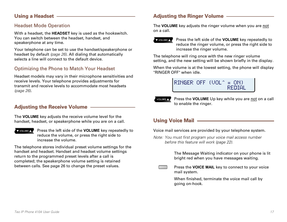Using a headset, Headset mode operation, Optimizing the phone to match your headset | Adjusting the receive volume, Adjusting the ringer volume, Using voice mail, Ge 17) | Teo IP Phone 4104 User Manual | Page 17 / 32