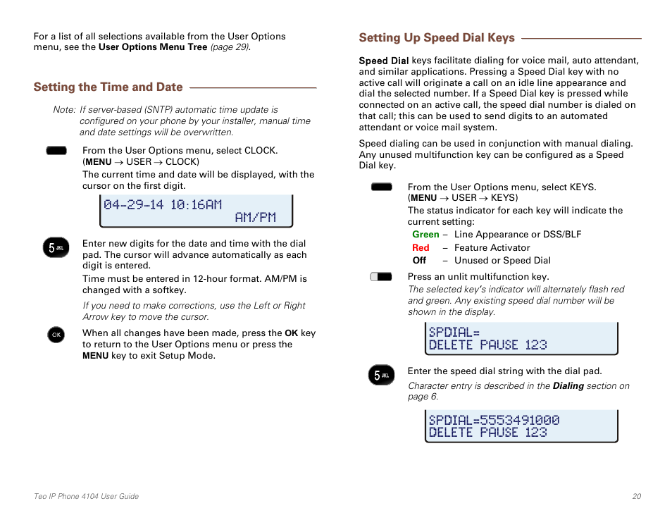 Setting the time and date, Setting up speed dial keys | Teo IP Phone 4104 User Manual | Page 20 / 32