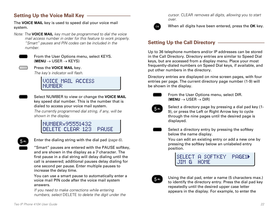 Setting up the voice mail key, Setting up the call directory | Teo IP Phone 4104 User Manual | Page 22 / 32