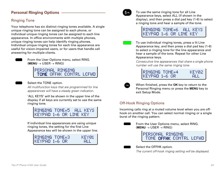 Personal ringing options, Ringing tone, Off-hook ringing options | Teo IP Phone 4104 User Manual | Page 24 / 32