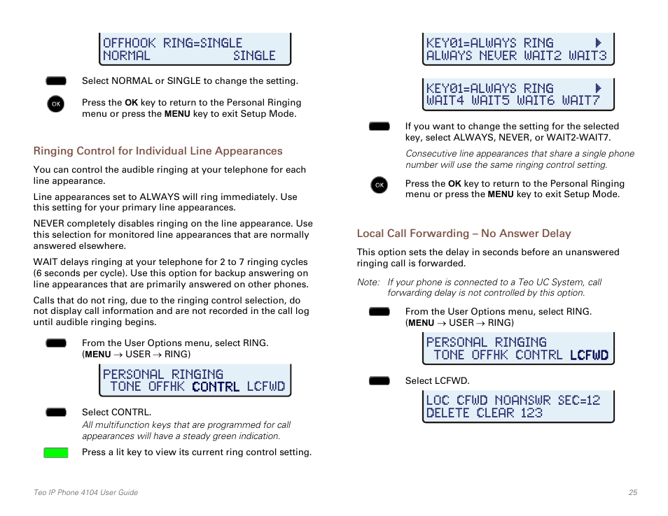 Ringing control for individual line appearances, Local call forwarding – no answer delay | Teo IP Phone 4104 User Manual | Page 25 / 32