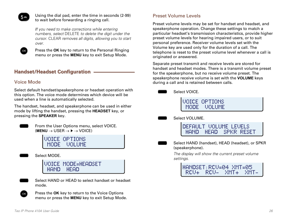 Handset/headset configuration, Voice mode, Preset volume levels | E 26), E 26 | Teo IP Phone 4104 User Manual | Page 26 / 32