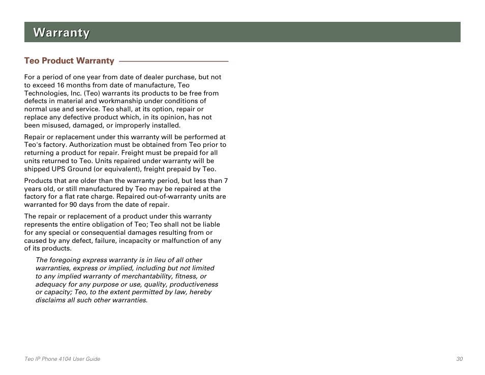 Warranty, Teo product warranty | Teo IP Phone 4104 User Manual | Page 30 / 32