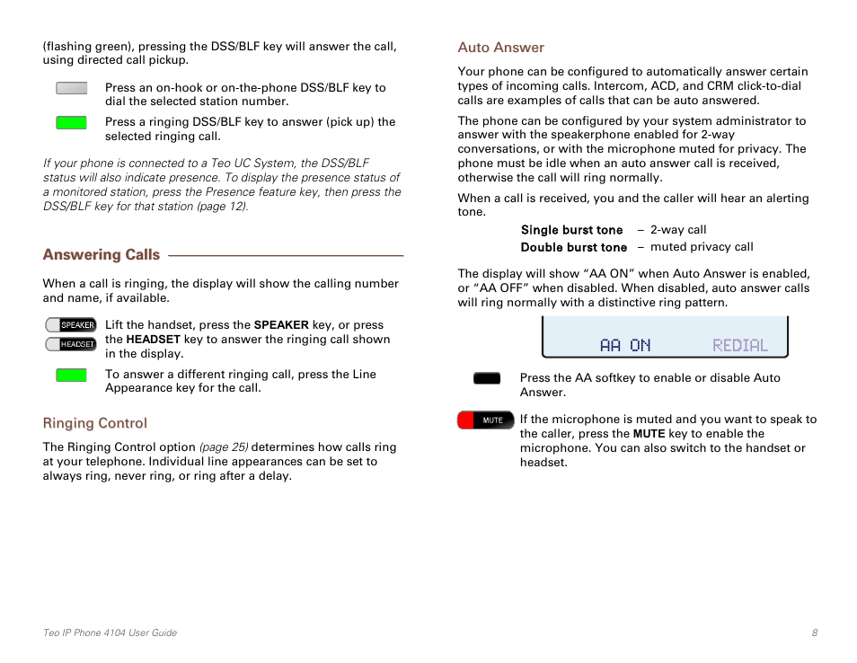 Answering calls, Ringing control, Auto answer | Teo IP Phone 4104 User Manual | Page 8 / 32