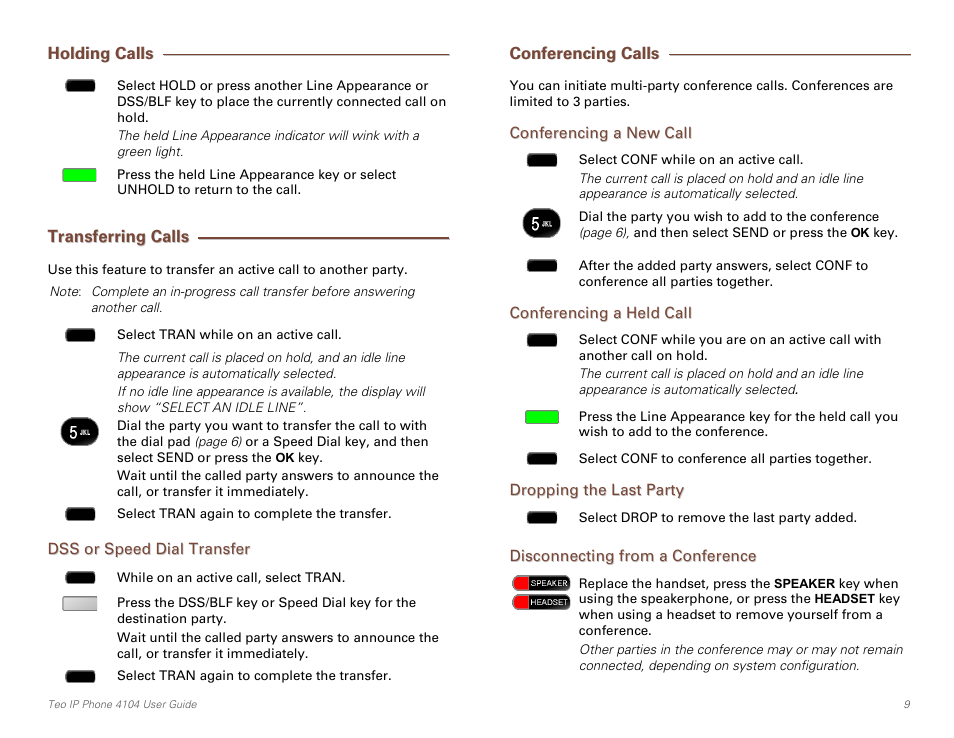 Holding calls, Transferring calls, Dss or speed dial transfer | Conferencing calls, Conferencing a new call, Conferencing a held call, Dropping the last party, Disconnecting from a conference | Teo IP Phone 4104 User Manual | Page 9 / 32