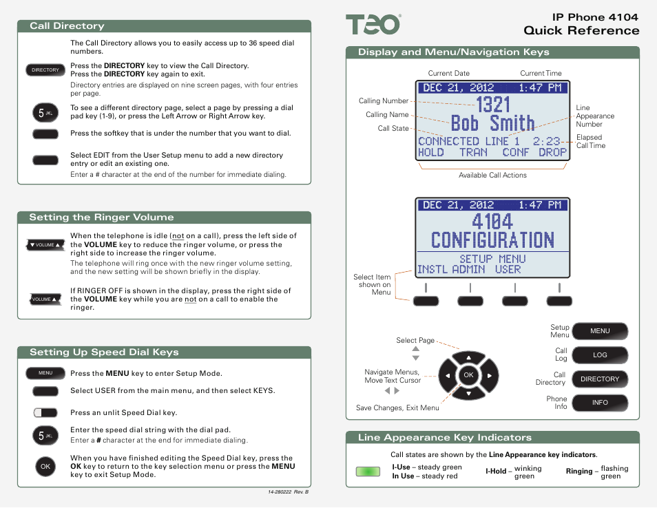 4104 configuration, 1321 bob smith, Quick reference | Teo IP Phone 4104 Quick Start User Manual | Page 3 / 4