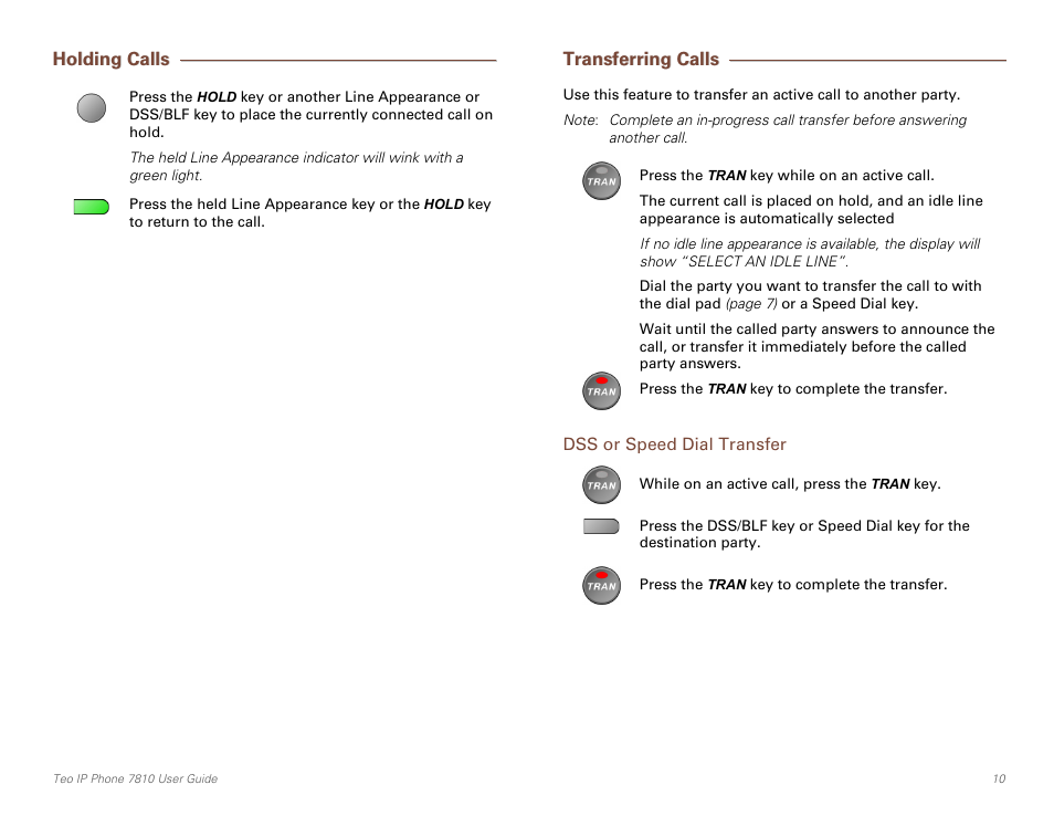 Holding calls, Transferring calls, Dss or speed dial transfer | E 11) | Teo IP Phone 7810 User Manual | Page 10 / 40