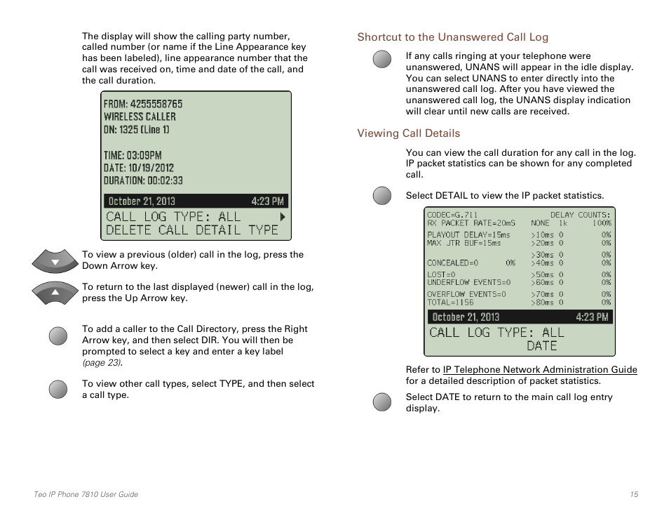 Shortcut to the unanswered call log, Viewing call details | Teo IP Phone 7810 User Manual | Page 15 / 40