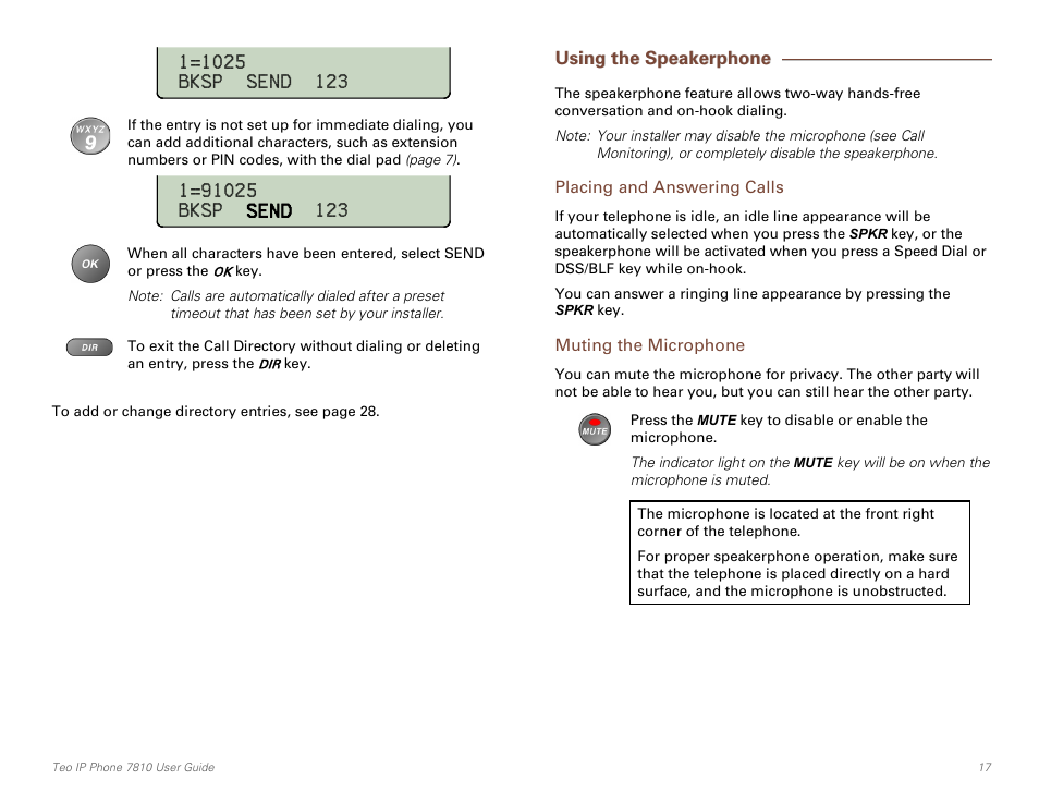 Using the speakerphone, Placing and answering calls, Muting the microphone | Teo IP Phone 7810 User Manual | Page 17 / 40