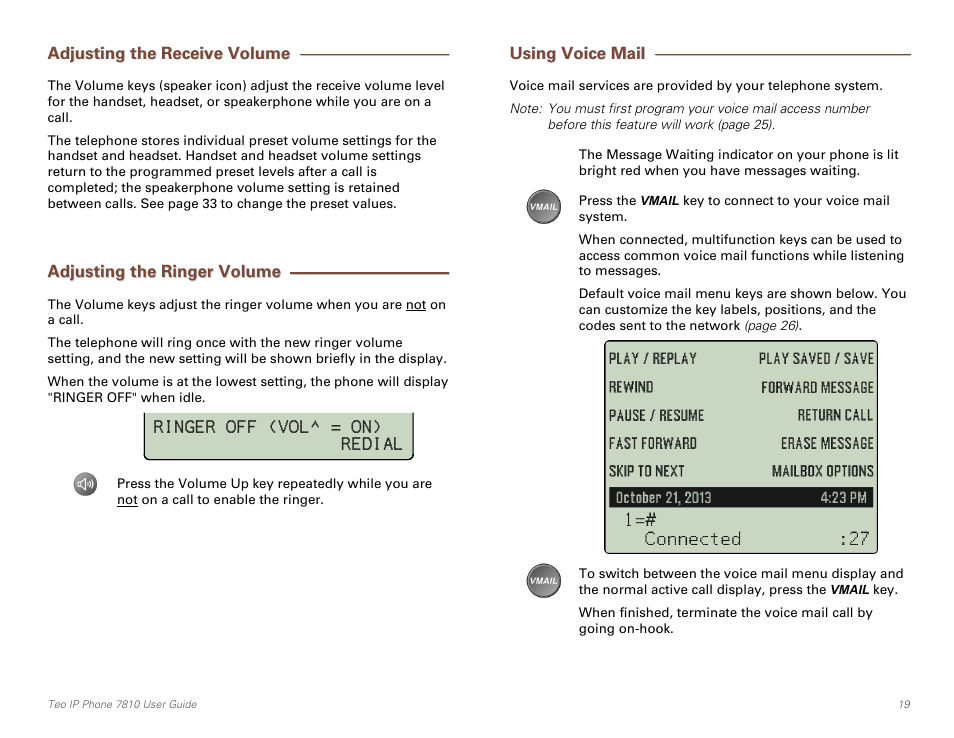 Adjusting the receive volume, Adjusting the ringer volume, Using voice mail | Ge 19) | Teo IP Phone 7810 User Manual | Page 19 / 40