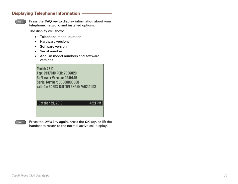 Displaying telephone information | Teo IP Phone 7810 User Manual | Page 20 / 40